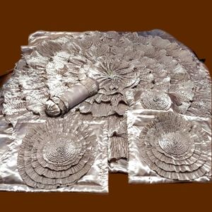 Stunning Queen Size Comforter Set - Taupe Satin w/ Waterfall Flower Ruffle